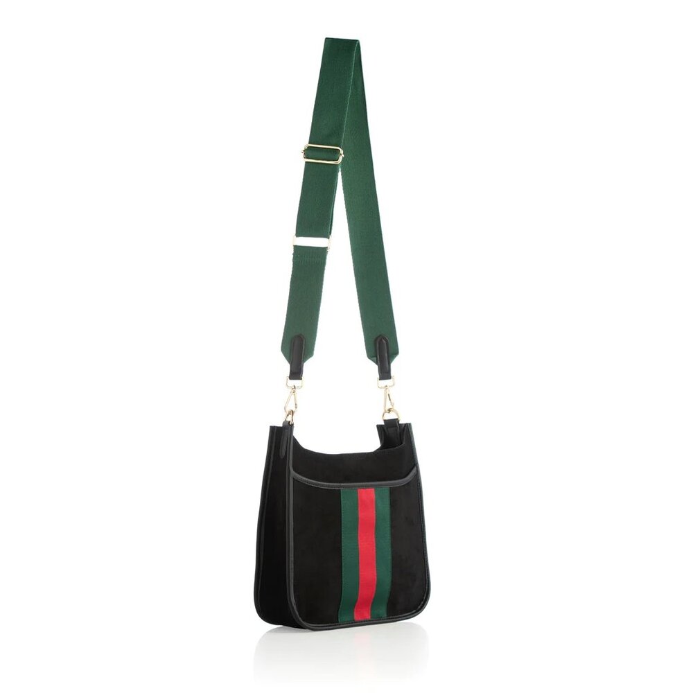 Blakely Vegan Suede Pebble Grain Crossbody Bag in Noir with Contrasting Stripes